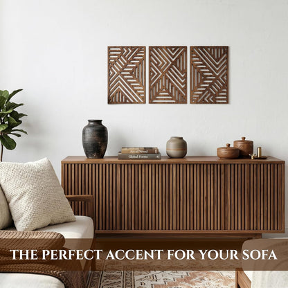 qmmp Modern Wooden Wall Sculptures - Set of 3 - Home Decor Accent - Large Wall Art for Living Room, Bedroom, Office - Easy Installation (Oak, Medium - Mountain and Sun)