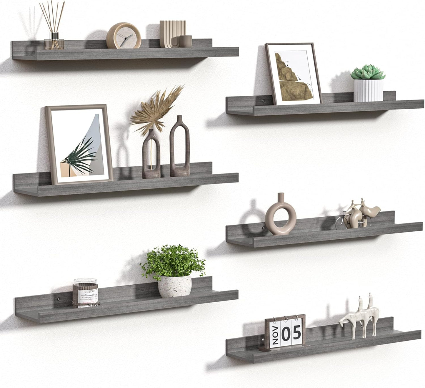 upsimples 6 Pack Wooden Floating Shelves, Wall Storage Decor Shelf for Bathroom, Bedroom, Living Room, Kitchen, Office and Laundry Room, Wall Mounted Display Hanging Shelf, Brown