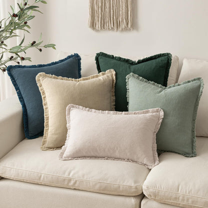 MIULEE Decorative Throw Pillow Covers Neutral Linen Fringe Throw Pillows Set of 2 Natural Beige Boho Farmhouse Cushion Covers with Tassels for Couch Sofa Bed Spring Home Decor 20x20 Inch