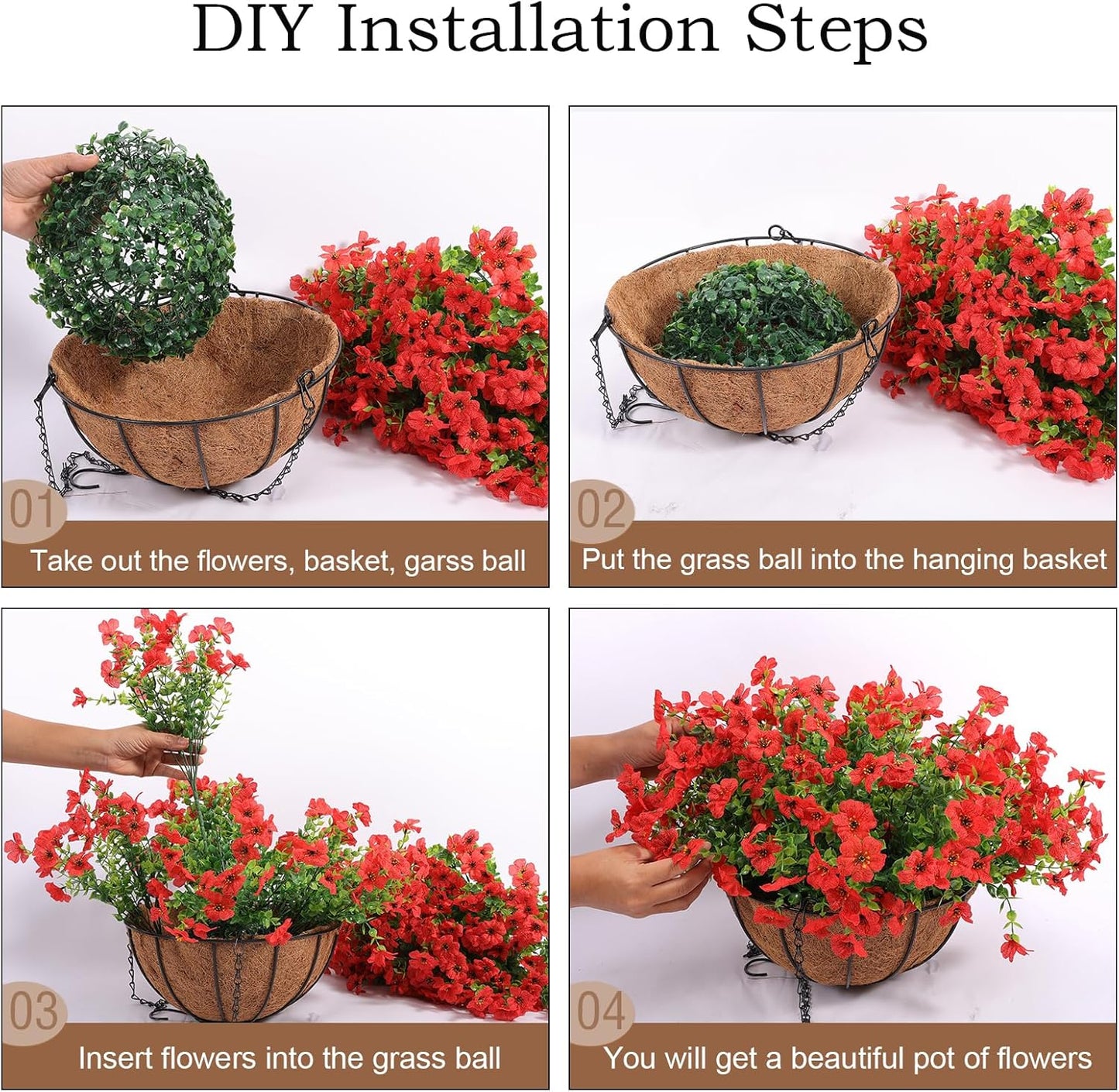 Hananona 2 Set Artificial Outdoor Flowers with Hanging Basket, 2 Hanging Planters with 24 Pcs Flowers for Spring Summer Front Porch Garden Patio Home Decor (2, Red, Purple, Yellow, Rose Red)