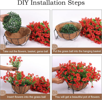 Hananona 2 Set Artificial Outdoor Flowers with Hanging Basket, 2 Hanging Planters with 24 Pcs Flowers for Spring Summer Front Porch Garden Patio Home Decor (2, Red, Purple, Yellow, Rose Red)