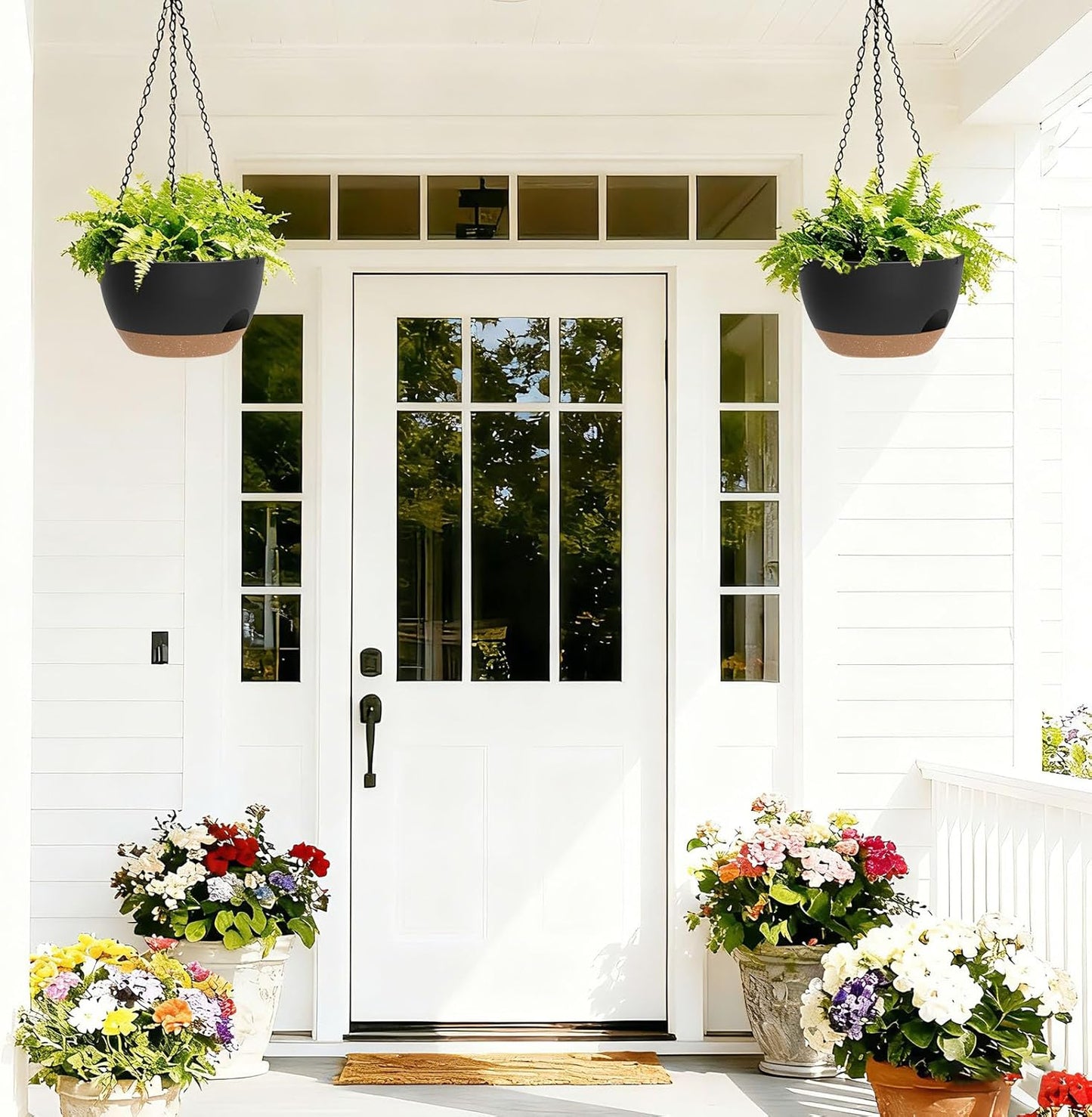 8 Inch Hanging Planters for Indoor Outdoor Plants, 4 Pack Black Plastic Self Watering Hanging Baskets with Drainage Holes and Chain for Garden Porch