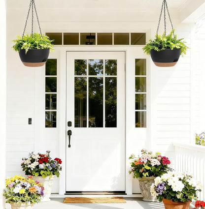 8 Inch Hanging Planters for Indoor Outdoor Plants, 4 Pack Black Plastic Self Watering Hanging Baskets with Drainage Holes and Chain for Garden Porch