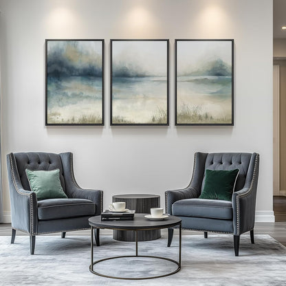 Large Framed Abstract Nature Landscape Wall Art for Living Room, Set of 3 Modern Canvas Prints Paintings Artwork for Walls, Green Lake Pictures for Hallway, Dining Room, Office Wall Decor 24x36 Inch