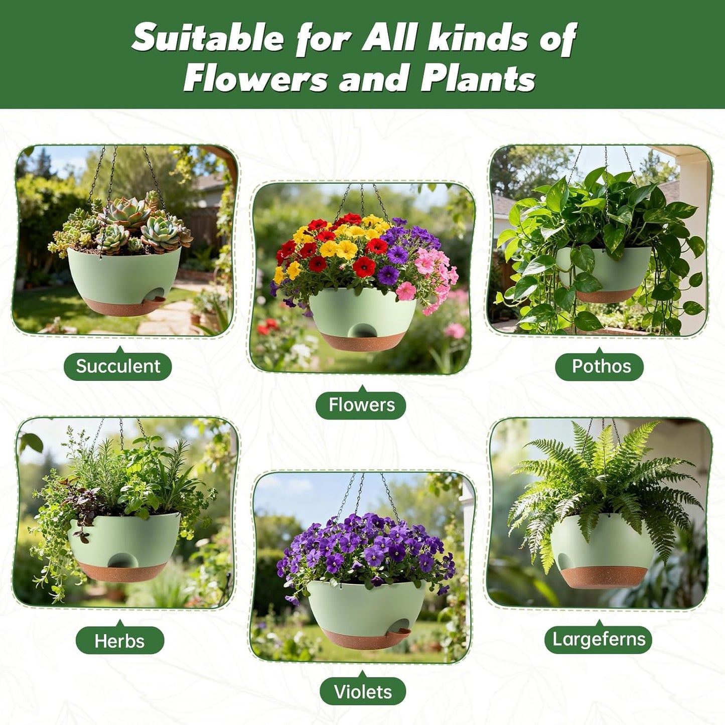 3-Piece Set of 10-Inch Hanging Planters with Automatic Watering System and Drip Tray, Includes Metal Chain, Suitable for Various Indoor and Outdoor Plants and Flowers, Green Brown