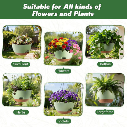3-Piece Set of 10-Inch Hanging Planters with Automatic Watering System and Drip Tray, Includes Metal Chain, Suitable for Various Indoor and Outdoor Plants and Flowers, Green Brown
