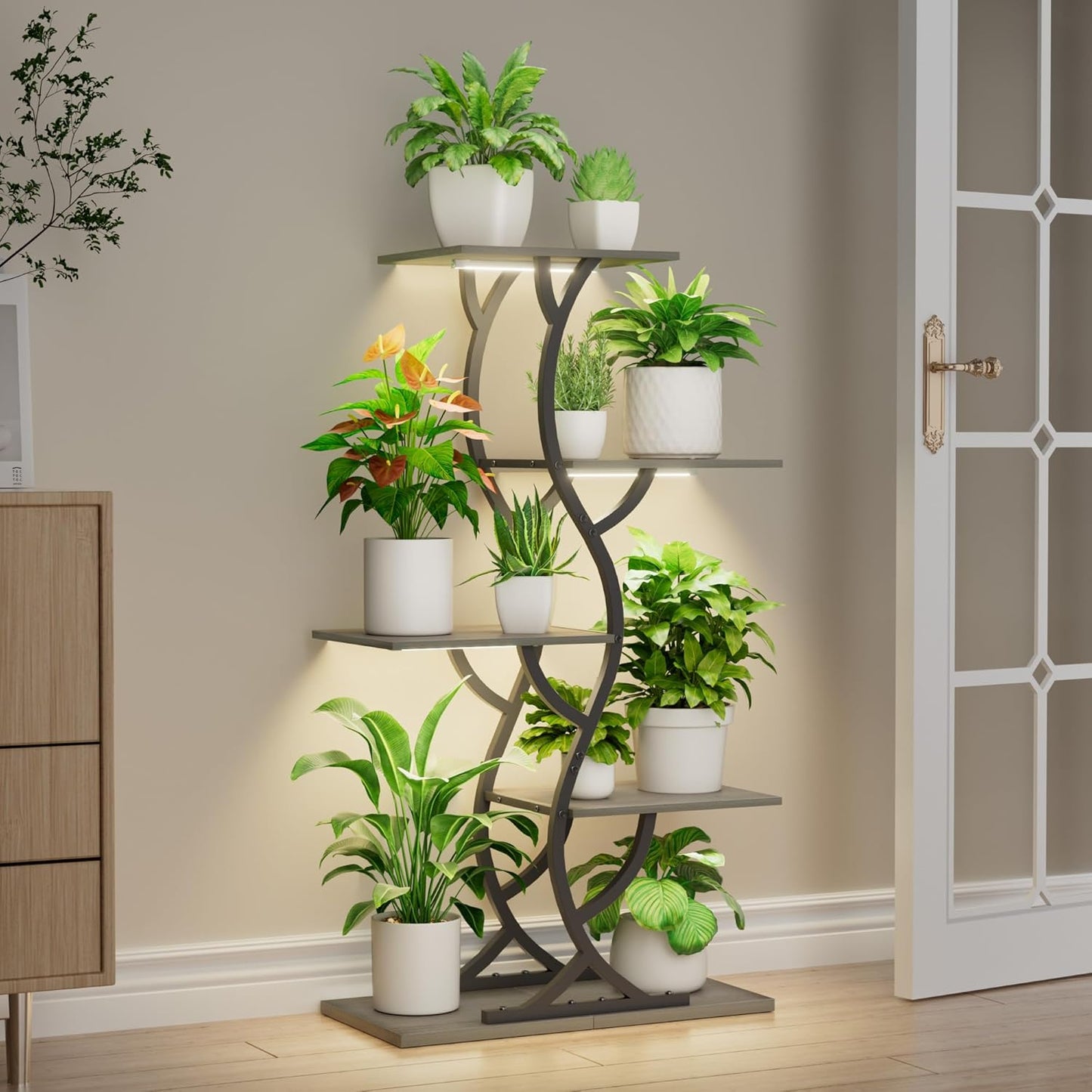 Plant Stand Indoor with Grow Lights - 44" Tall Corner Plant Stands for Indoor Plants, 5 Tiered Metal Plant Shelf, Curved Plant Flower Holder Dispaly Rack for Living Room, Home Patio Balcony (Black)