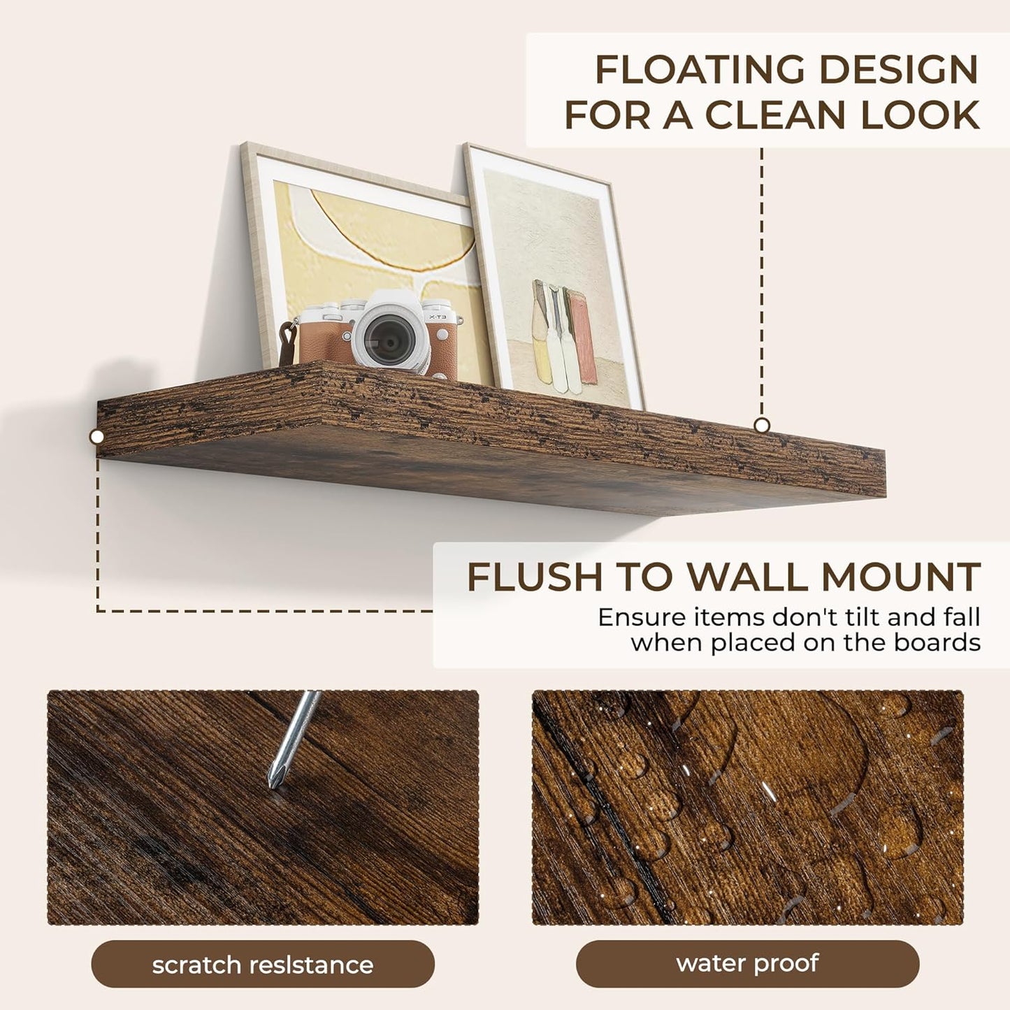 RICHFOCUS 72Inch Floating Shelves for Wall 2 Pack Shelves for Bedroom|Kitchen|Bathroom Wall Mounted Rustic Wood Floating Shelf with Invisible Brackets for Books|Storage|Decor, Rustic Brown