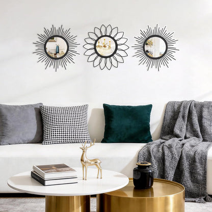 Boho Sunburst Wall Mirror Set of 3, 12 Inch Round Antique & Modern Metal Wall Art, Hanging Over The Door Mirrors for Wall Decor in Living Room, Bedroom, Bathroom, Entryway（Gold）