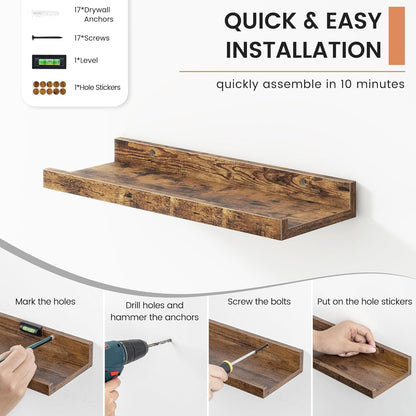FLYJOE Picture Ledge Shelf, Floating Shelves Set of 2, 48 Inches Long Large Nursery Book Shelves for Toys Storage, Kids Bookshelf Wall Mounted for Living Room Bedroom Decor Books Photo Frames, Walnut