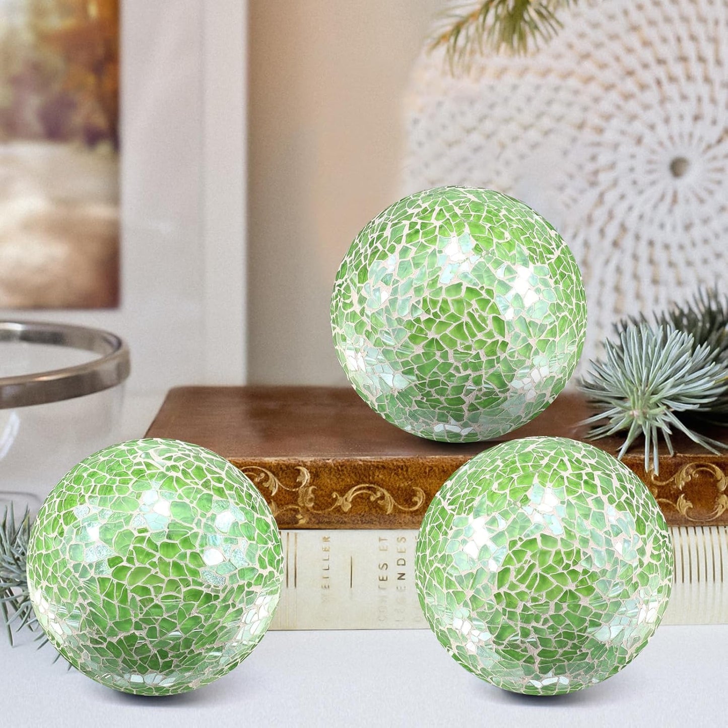 3Pcs Mosaic Glass Orbs Decorative Balls Set 8.5cm/3.35inch Blue Sphere Wedding Party Home Decor Table Centerpiece
