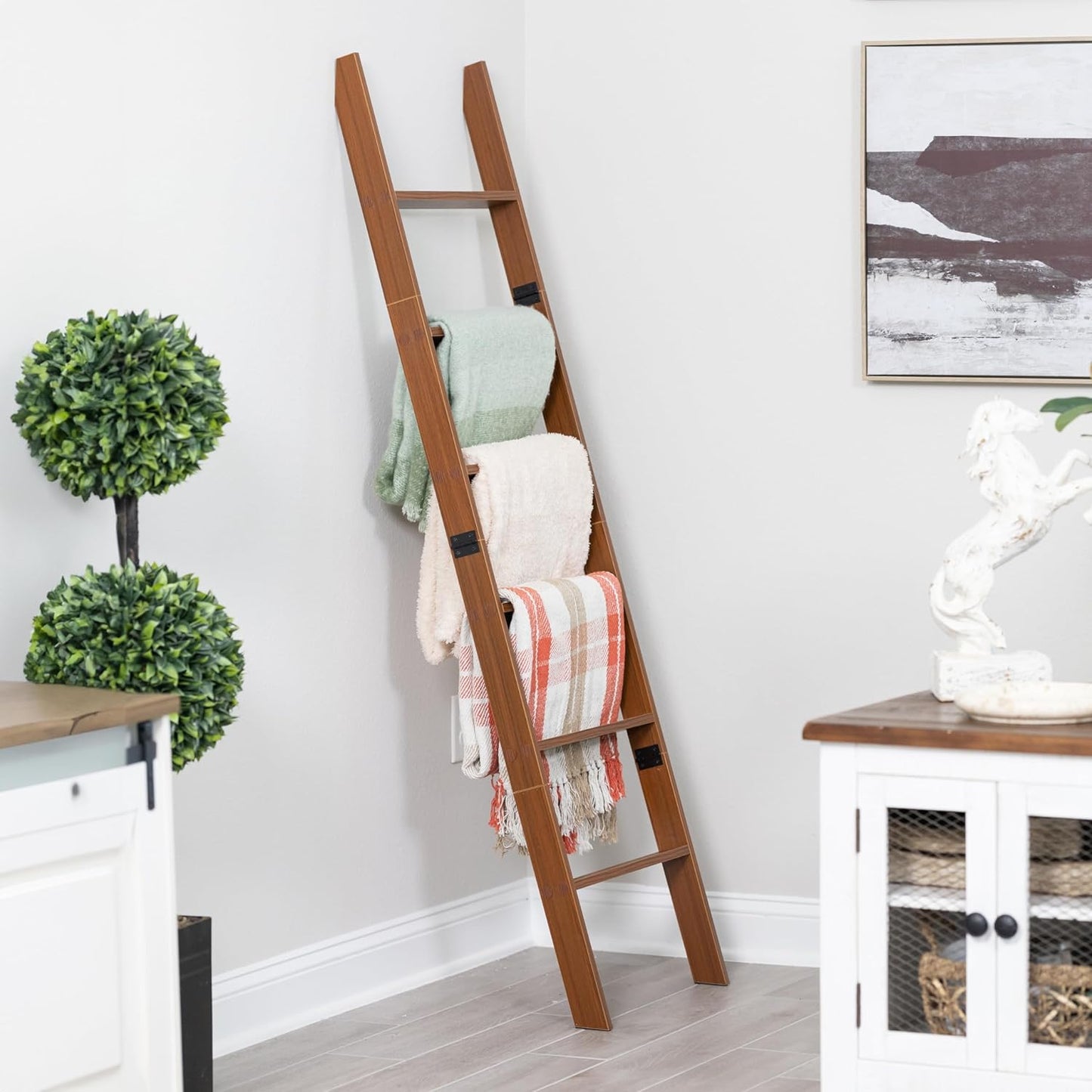 Blanket Ladder for Living Room and Bedroom, 5ft 8 inch, 6-Tier Wall Leaning Laminate Snag Free Construction (White) Rustic Decorative Farmhouse Blanket Storage, Quilt Rack, Ladder Shelf, Easy Assembly