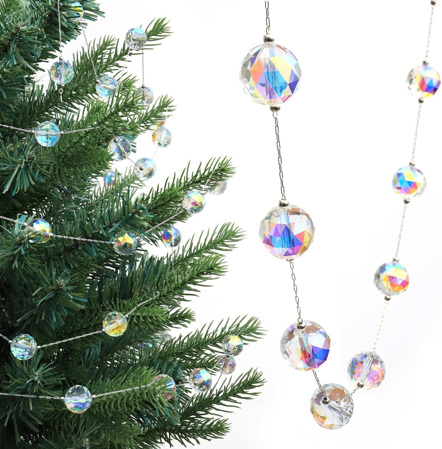 LEFERS 9.8Ft Crystal Glass Balls Christmas Garland,48 Beads 16mm Faceted Prism Beads Strands Hanging Ornament Decoration for Christmas Tree Centerpieces Wedding Party (Gold)