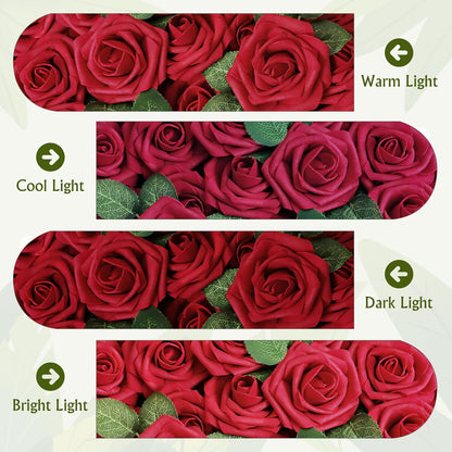 AmyHomie Artificial Flowers Dark Red Rose 25pcs Real Looking Fake Roses w/Stem for DIY Wedding Bouquets Centerpieces Arrangements Party Baby Shower Mothers Day Christmas Tree Decorations