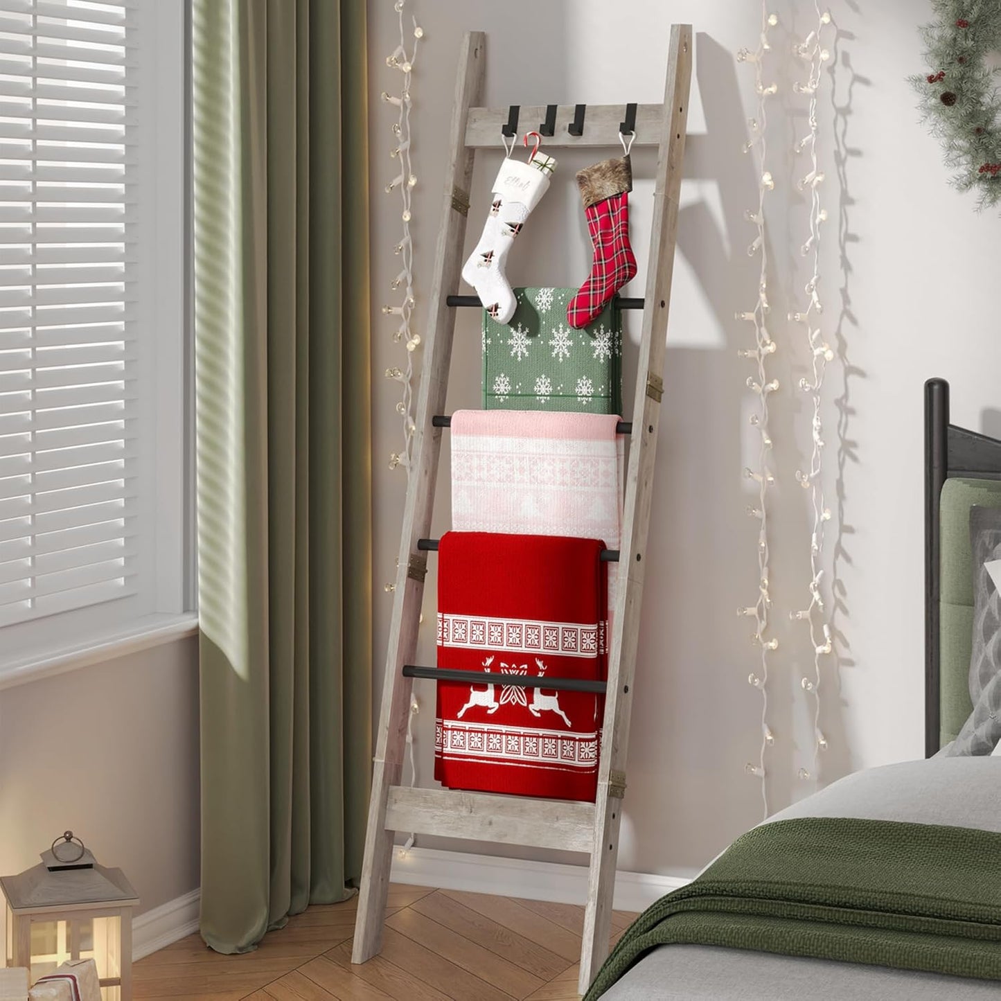 Hzuaneri Blanket Ladder for Living Room, Decorative Quilt Rack with 4 Removable Hooks, 5-Tier Farmhouse Ladder Holder Shelf Organizer for Bedroom, Rustic Brown and Black 02101BBR