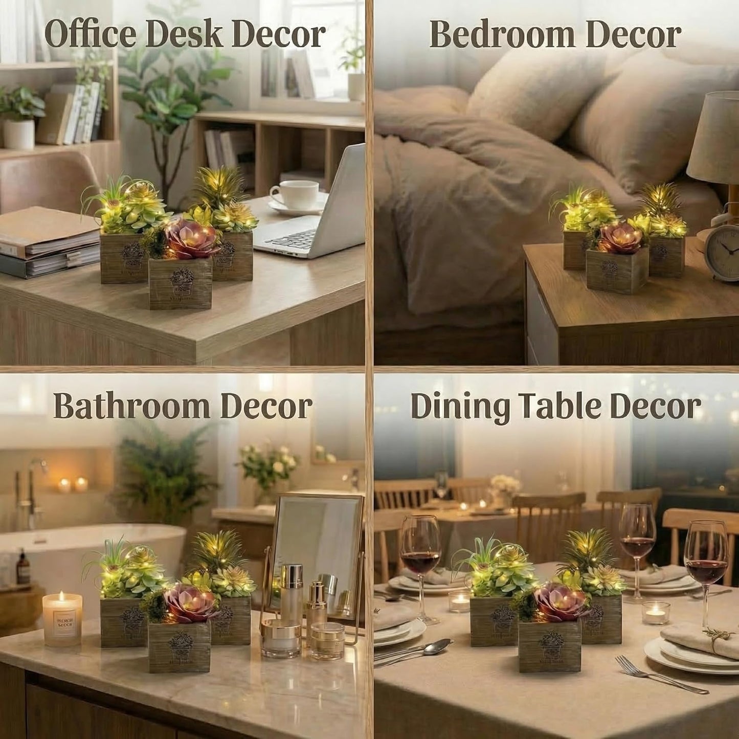 Succulent Plants Artificial, 3 Pack Small Fake Plants in Wood Pot for Home Decor, Farmhouse Artificial Plants Indoor for Living Room Bathroom Bedroom Office Kitchen Desk Wedding Coffee Table Decor