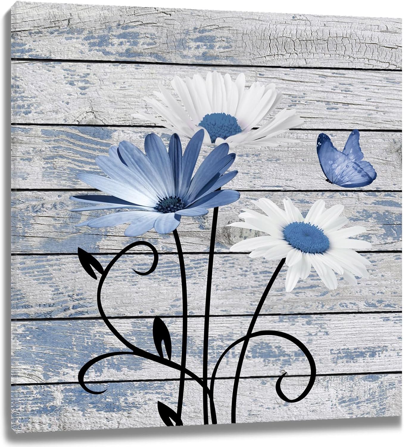HVEST Farmhouse Floral Wall Art for Living Room, Blue and White Daisy Flower and Butterfly on Rustic Wood Board Canvas Wall Art Framed Artwork Ready to Hang for Bathroom Bedroom Decor, 16L X 12W