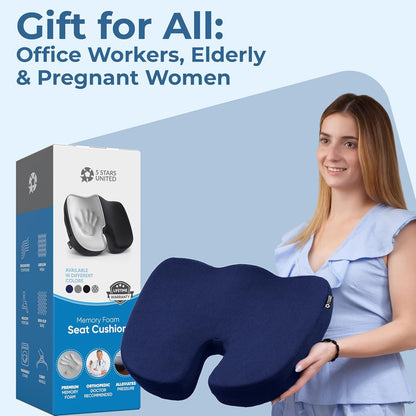 5 STARS UNITED Seat Cushion - Memory Foam Chair Cushion for Tailbone Pain Relief - Ergonomic Support for Coccyx, Sciatica & Butt - Office, Desk & Gaming Chair, Car Seat, Wheelchair, Airplane, Black