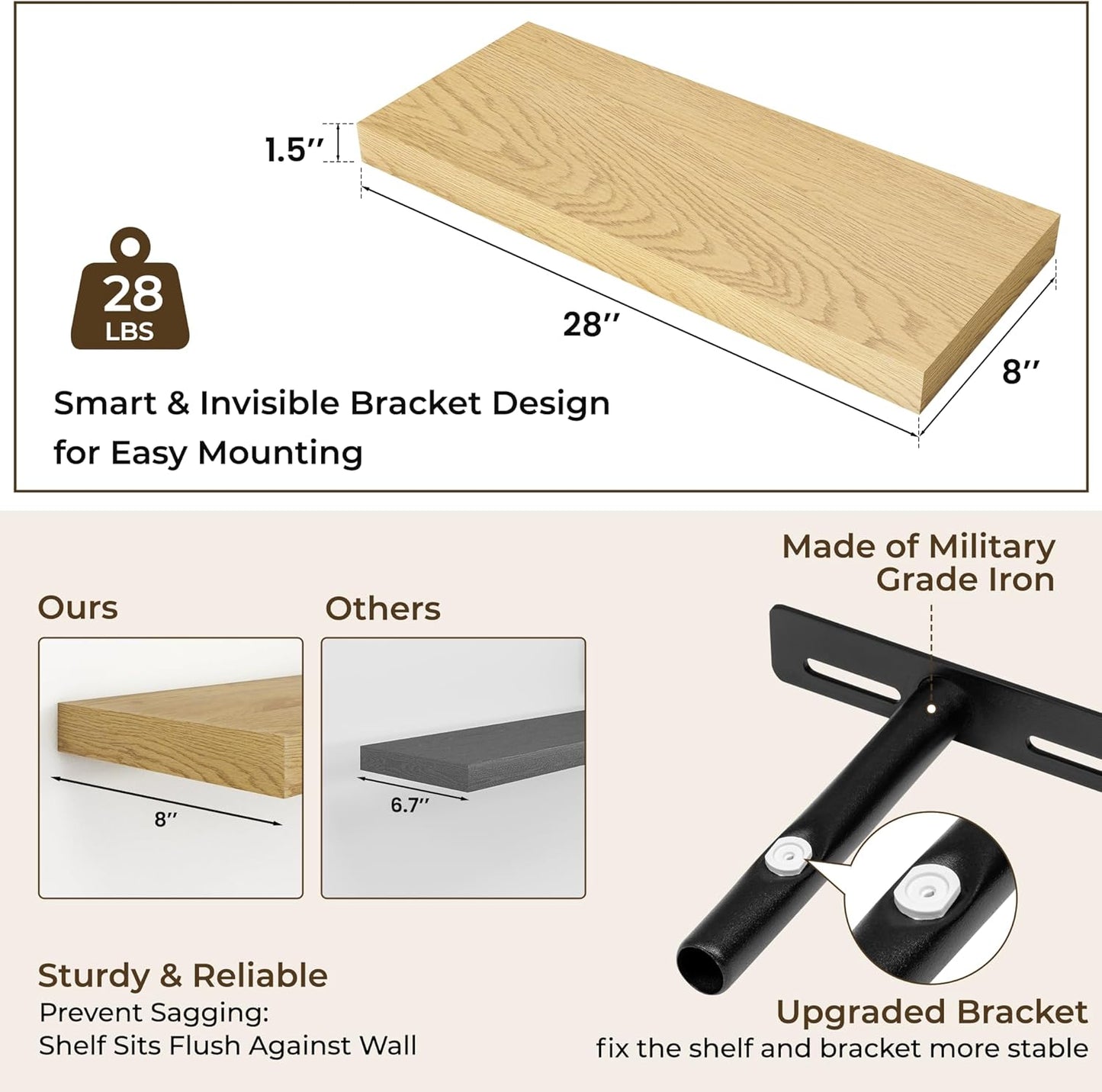 RICHFOCUS 72Inch Floating Shelves for Wall 2 Pack Shelves for Bedroom|Kitchen|Bathroom Wall Mounted Rustic Wood Floating Shelf with Invisible Brackets for Books|Storage|Decor, Rustic Brown