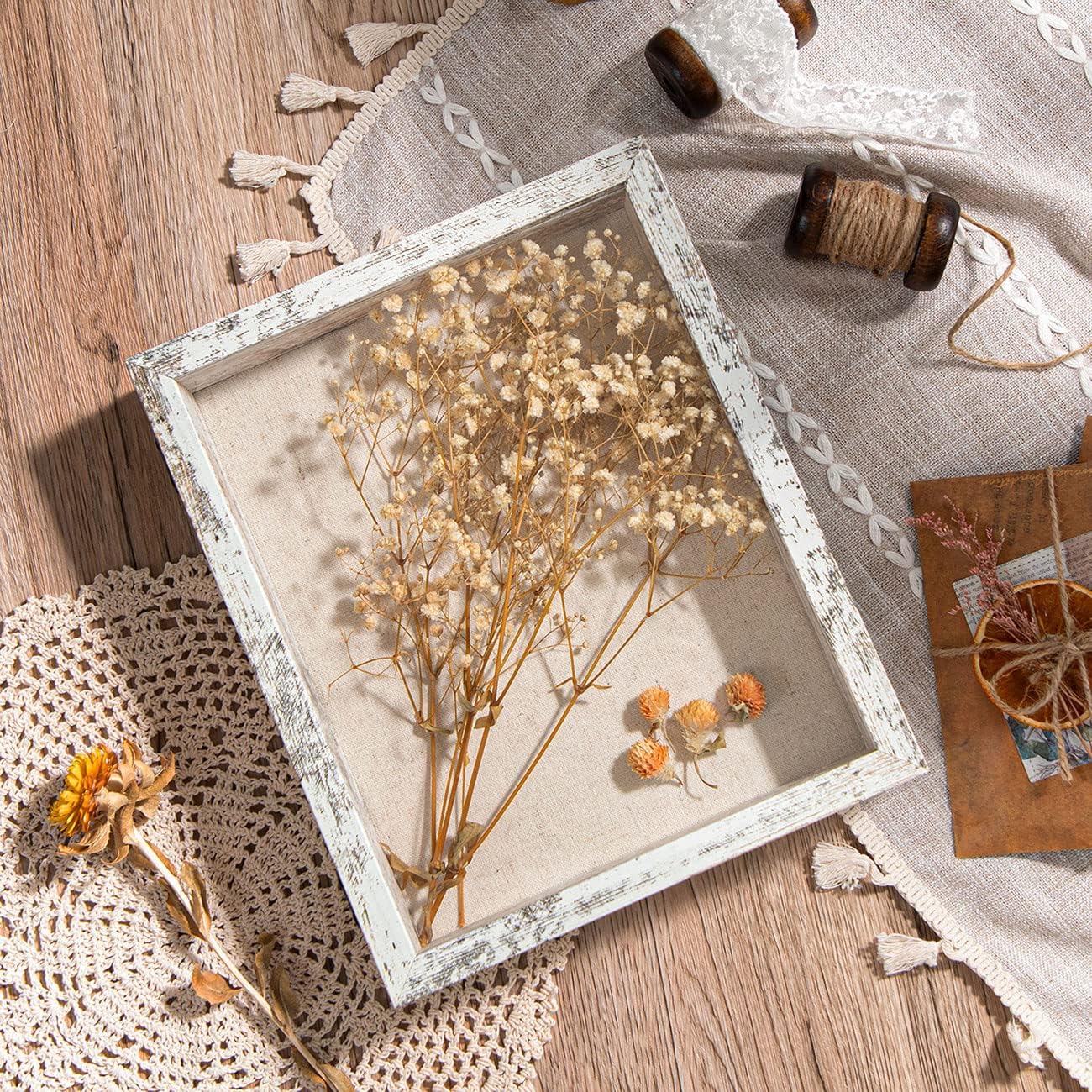 Califortree 8x10 Shadow Box Frame with Linen Back - Sturdy Rustic Memory Display Case of Flower, Pictures, Medals and More, White