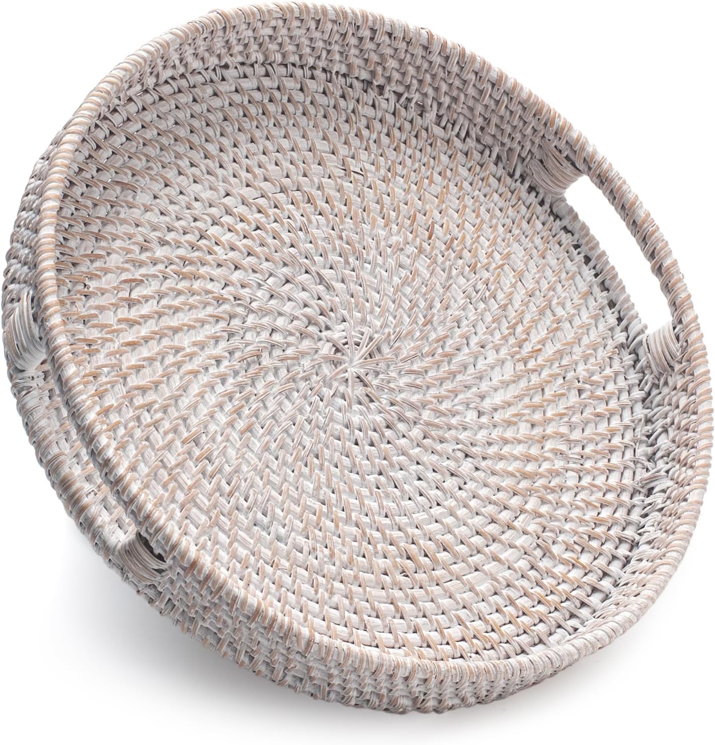 13.8 inch Round Rattan Tray, Decorative Coffee Table Tray, Ottoman Tray, Woven Serving Tray with Handles, Wicker Serving Basket, Whitewash