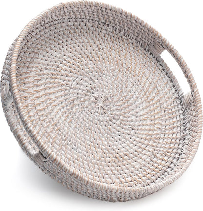 13.8 inch Round Rattan Tray, Decorative Coffee Table Tray, Ottoman Tray, Woven Serving Tray with Handles, Wicker Serving Basket, Whitewash