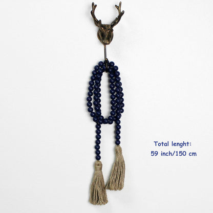 CVHOMEDECO. Wood Beads Garland with Tassels Farmhouse Rustic Wooden Prayer Bead String Wall Hanging Accent for Home Festival Decor. Mix Distressed