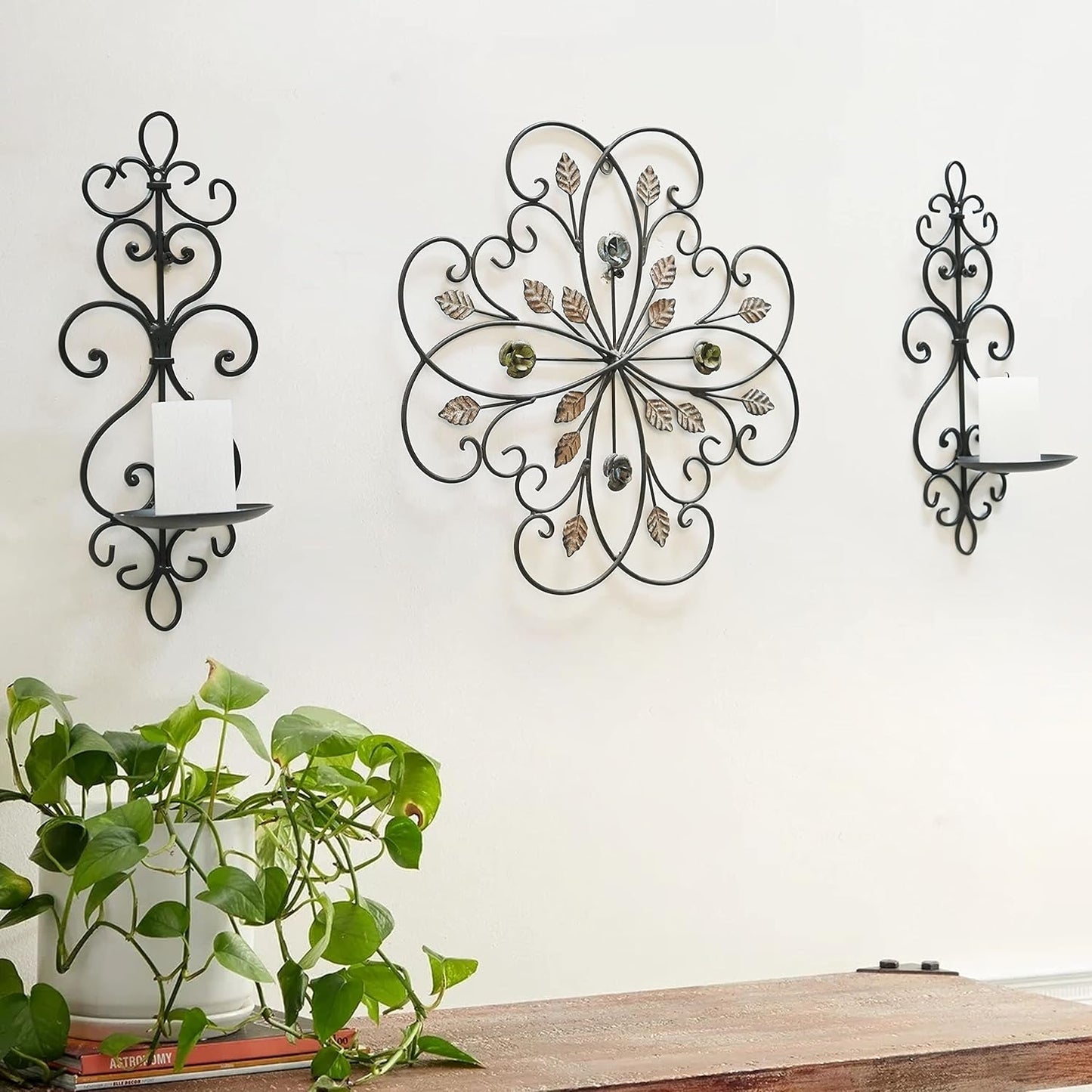 Metal Wall Candle Sconce Holder Set of 2 Hanging Wall Mounted Candle Sconces Holder, Wall Sconces Decor for Bedroom Dining Room, Black 10inch×6inch