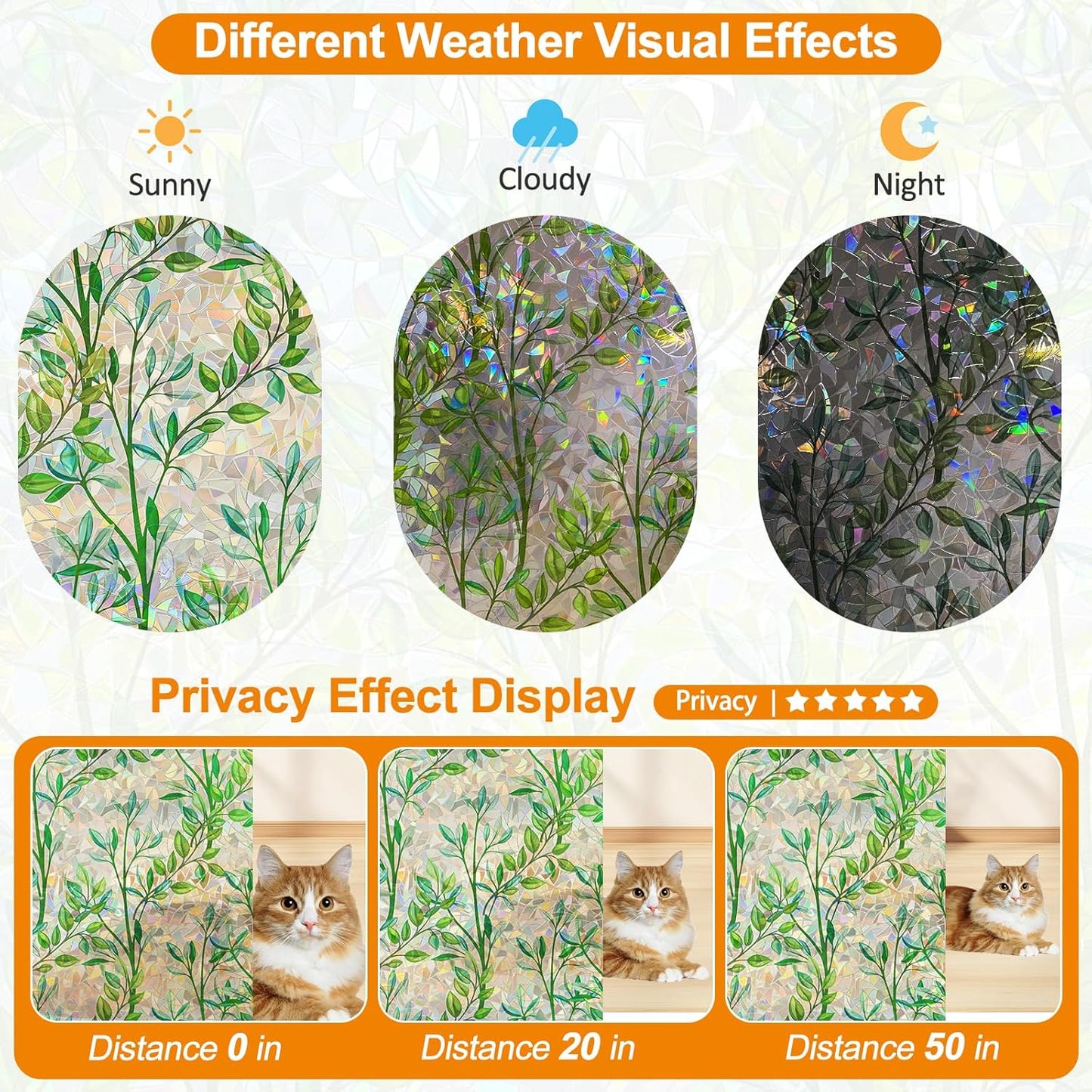 Countewol Window Privacy Film Stain Glass Window Film Rainbow Window Film Window clings Non-Adhesive Reusable Decorative for Room (Leaf Rainbow, 17.5 x 78.7 in)