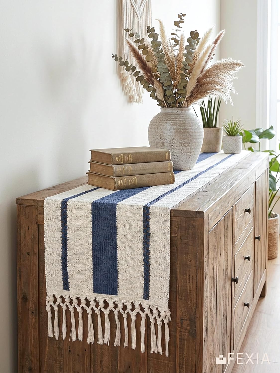 FEXIA Boho Table Runner for Thanksgiving Fall Christmas Home Decor with Tassels 72 Inches Long Pottery barn Furniture Farmhouse Rustic Macrame Burlap Table Decoration for Living Room (12x72 Inches)