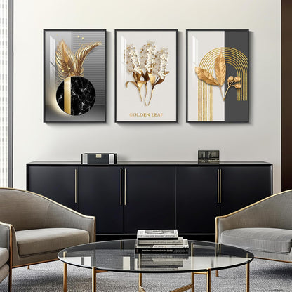 Framed Modern Luxury Gold Wall Art, Set of 3 Piece Contemporary Paintings Artwork for Walls, Golden Prints Pictures with Gold Frame, Wall Decor for Living Room, Hallway, Bedroom, Office 16x24 Inch