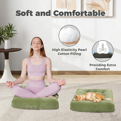 Floor Pillow Dark Grey Washable Floor Sitting Cushions 18x18 Inch 2-Pack, Meditation Yoga Pillows for Sitting on Floor Tufted Corduroy Seat Pads with Handle for Office Dining Room Seats