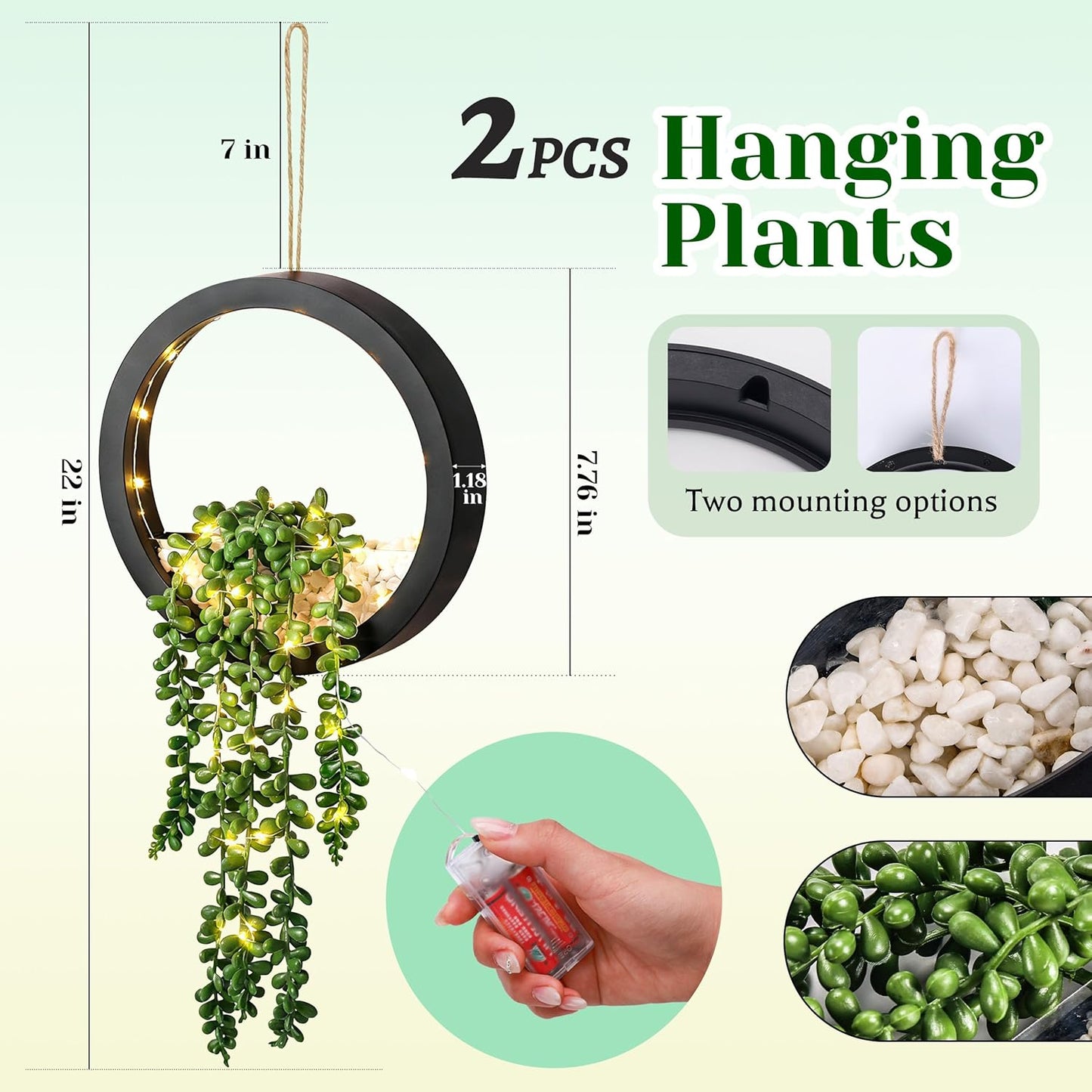 Der Rose 2 Pack Lighted Hanging Plants, Artificial String of Pearls Succulents with Warm LED Lights, Aesthetic Fake Plants for Black Bathroom Bedroom Living Room Wall Decor, Party & Gift for Women