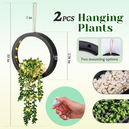 Der Rose 2 Pack Lighted Hanging Plants, Artificial String of Pearls Succulents with Warm LED Lights, Aesthetic Fake Plants for Black Bathroom Bedroom Living Room Wall Decor, Party & Gift for Women