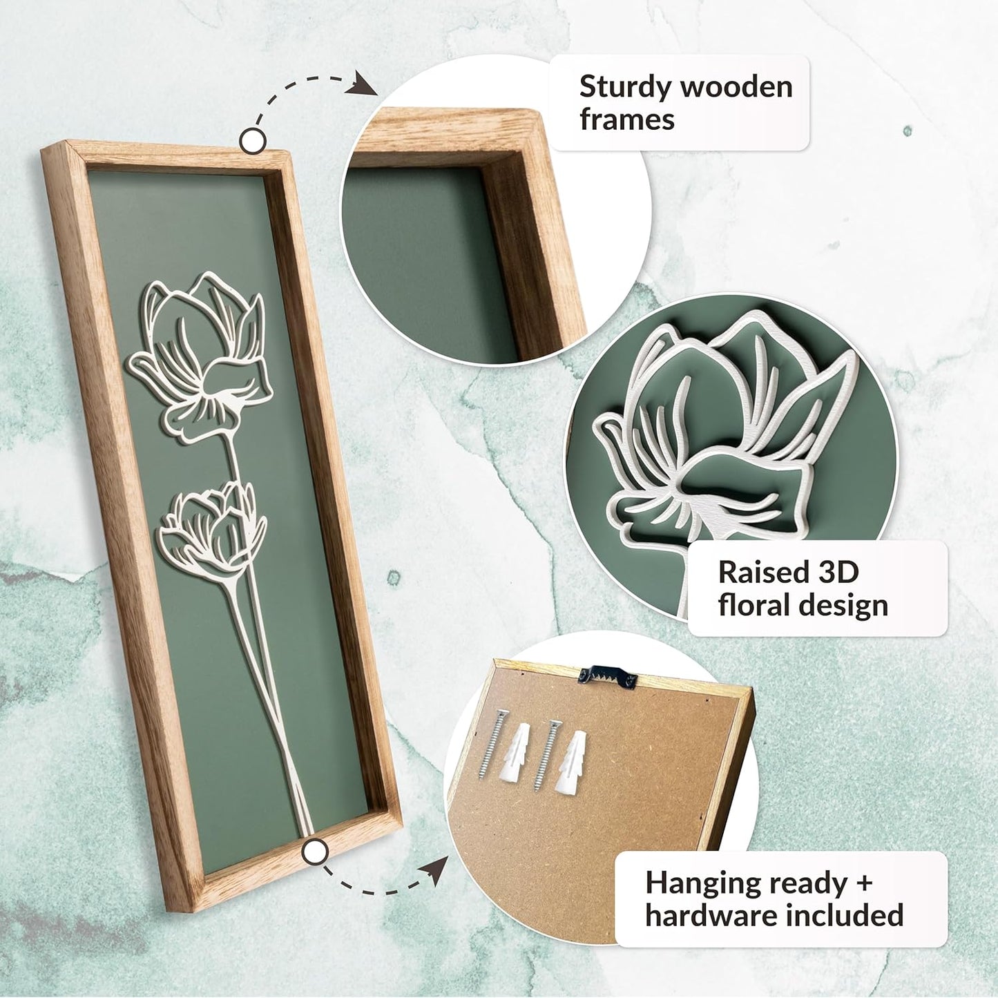 3D Floral Green Wall Art (Set of 2) Lightweight, Wooden Ready-to-Hang Boho Framed Wall Art for Bathroom, Bedroom, Living Room or Office – Premium Sage Green Farmhouse Decor – Gift-Boxed