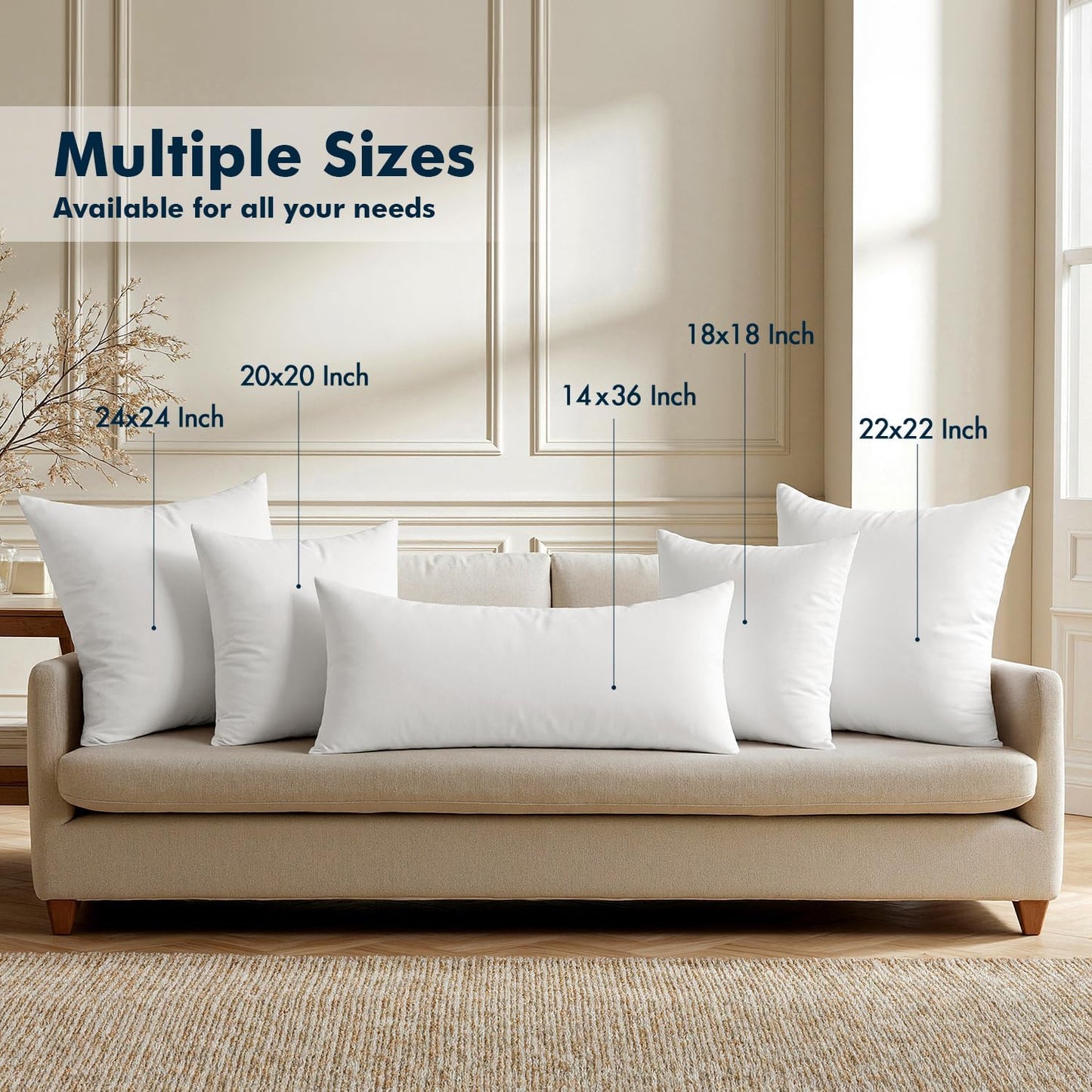 MIULEE Throw Pillows Inserts, Pack of 2 18x18 Inch 100% Virgin Fiber Filling Bed Couch Pillows