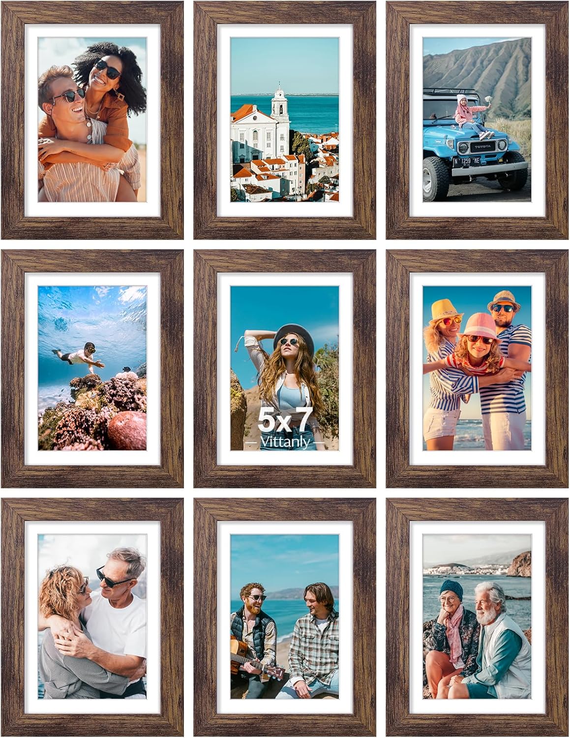 Vittanly 8x10 Picture Frames Set of 9, Shatter Resistant Plexiglass, Display 5x7 Pictures with Mat or 8x10 without Mat, Photo Frames for Wall or Tabletop, Engineered Wood, Black - Colors A