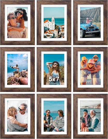 Vittanly 8x10 Picture Frames Set of 9, Shatter Resistant Plexiglass, Display 5x7 Pictures with Mat or 8x10 without Mat, Photo Frames for Wall or Tabletop, Engineered Wood, Black - Colors A