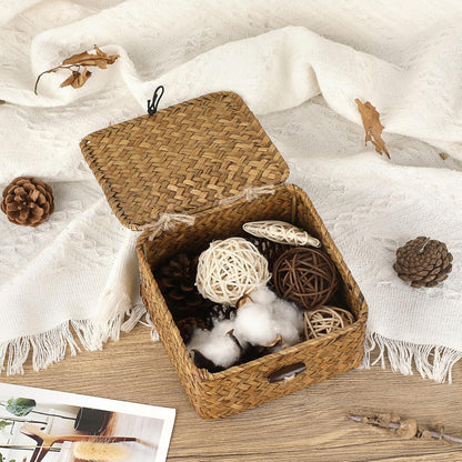 Hipiwe Seagrass Basket with Lid Wicker Storage Basket Square Handwoven Decorative Baskets Box for Shelf Multipurpose Household Baskets Home Decor,X-small
