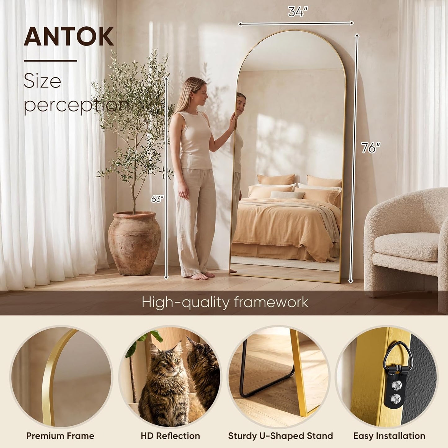 Antok 71" x28” Arched Full Length Floor Mirror, Black Aluminum Frame, Free Standing/Wall Mount/Leaning for Bedroom, Living Room, Dressing Room