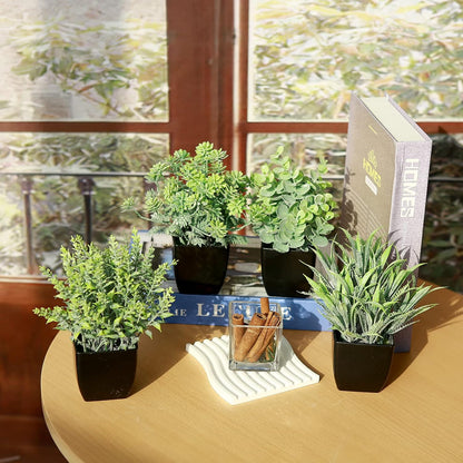 GREENTIME 4 Pack Fake Plants in Black Pot Mini Artificial Eucalyptus Potted Plant Small Faux Grass Greenery Potted for Indoor Home Office Farmhouse Bathroom Table Decoration