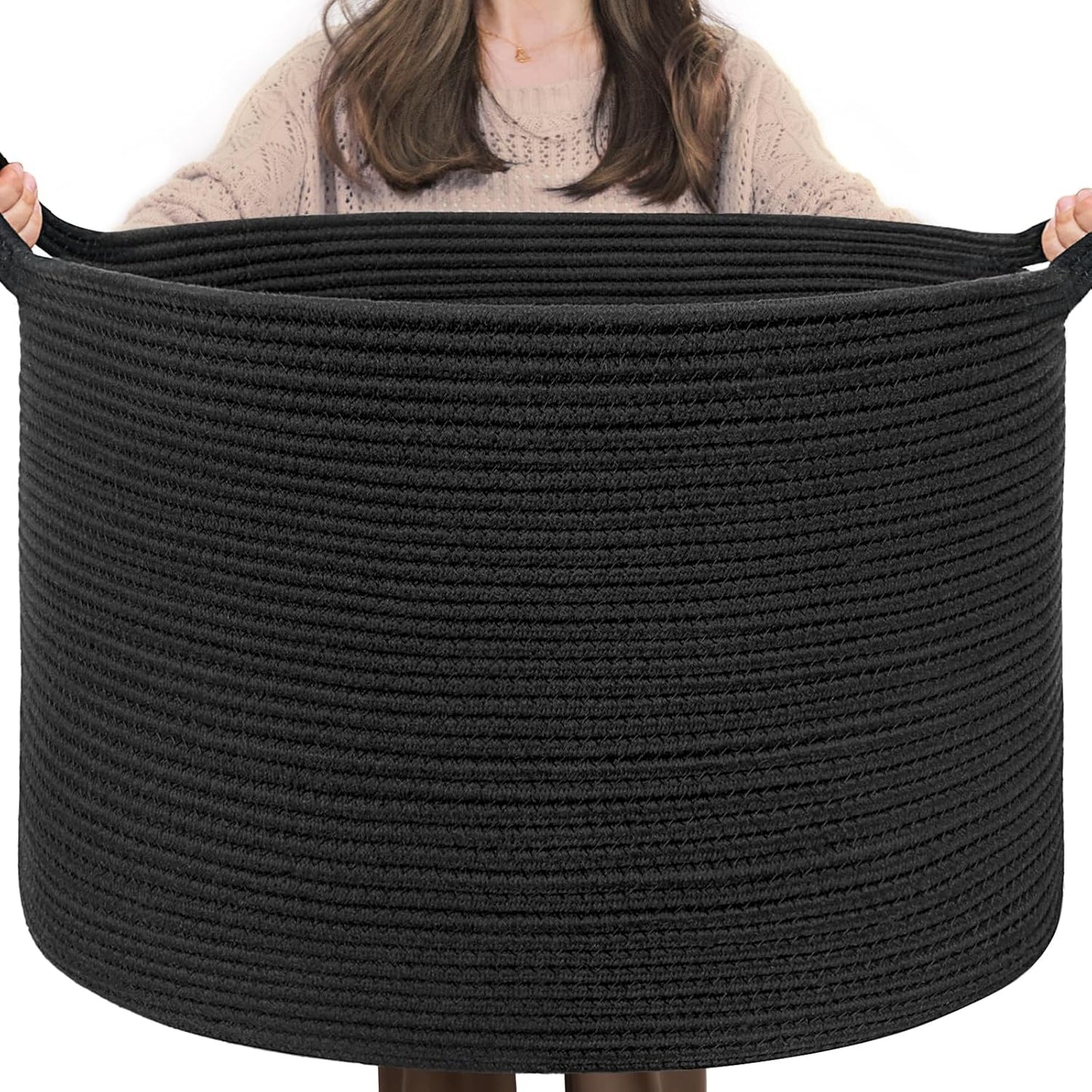 INDRESSME XXXLarge Blanket Basket for Living Room 21.7" x 21.7" x 13.8"-Storage Basket with Handle for Organizing Toy Pillows Woven Cotton Rope Laundry Basket Stuffed Animal Toy Storage for Play Room