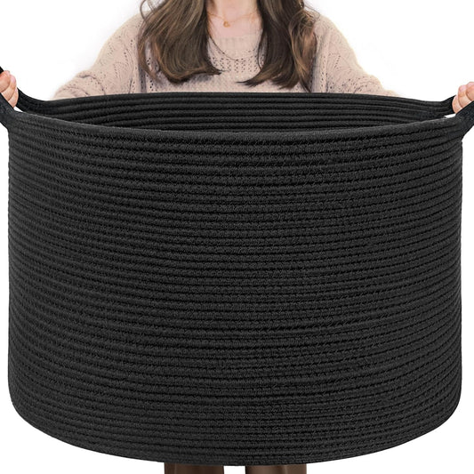 INDRESSME XXXLarge Blanket Basket for Living Room 21.7" x 21.7" x 13.8"-Storage Basket with Handle for Organizing Toy Pillows Woven Cotton Rope Laundry Basket Stuffed Animal Toy Storage for Play Room