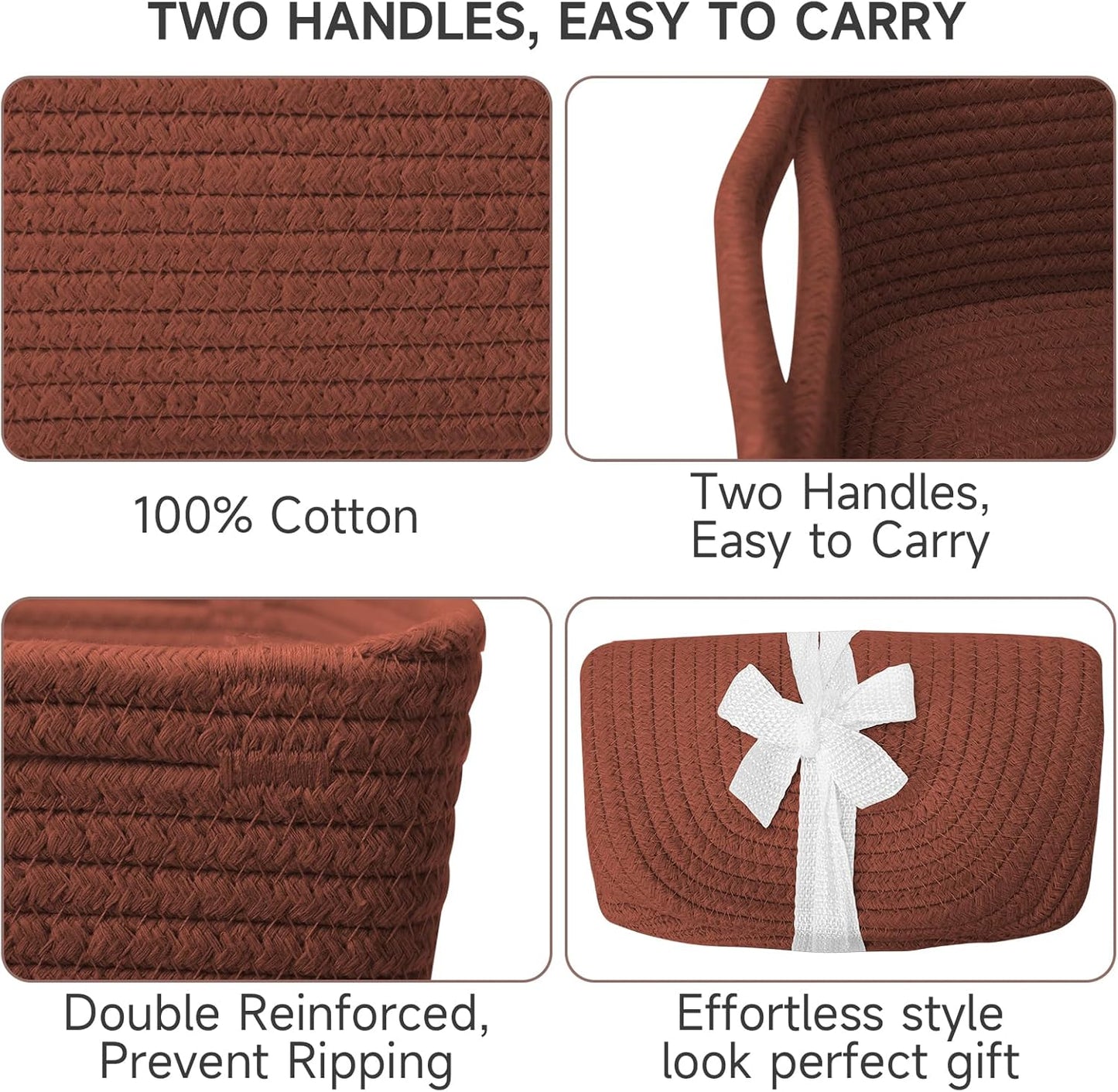 3-Pack Small Storage Baskets for Organizing | Woven Shelf Toy Basket | Rope Baskets for Gifts Empty | Closet Organizer Bins with Handles | Cube Decorative Box | 11.8×7.8×5.1” | Mixed brown