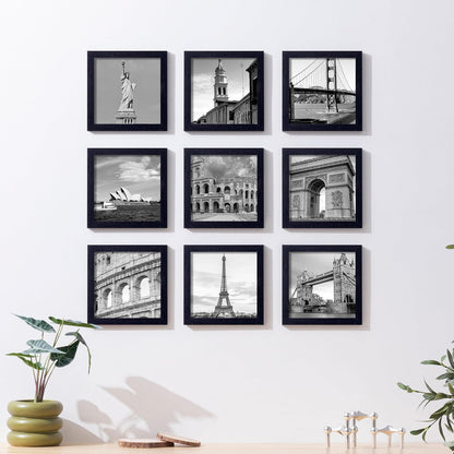 eletecpro 12x12 Picture Frames Set of 9 with Clear Acrylic Cover, Display 8x8 Photos with Mat or 12x12 Without, Classic and Sturdy Square Collage Gallery Wall Decor, Easy Wall Mount, Black