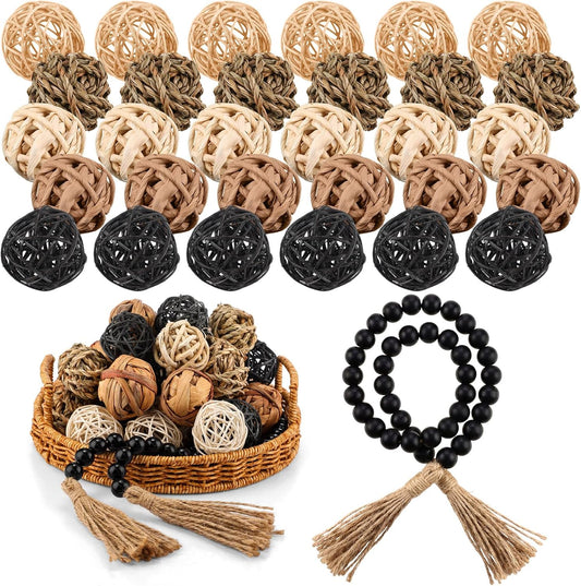 Halloscume 31 Pcs Wicker Rattan Decorative Balls with 30.3 Inch Wood Bead Garland Centerpiece Bowls Orbs Vase Fillers Wall Hanging Decor for Summer Home Farmhouse Wedding Party(Black)