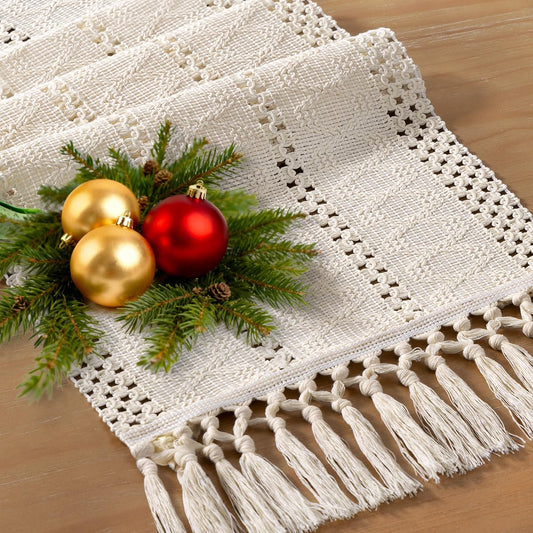 Socomi Boho Table Runner Summer Farmhouse Rustic Dining Kitchen Centerpiece Decor Small Macrame Woven Cotton Linen Coffee Table Runner for Dresser Scarf Home Decor 12x36 inch Beige