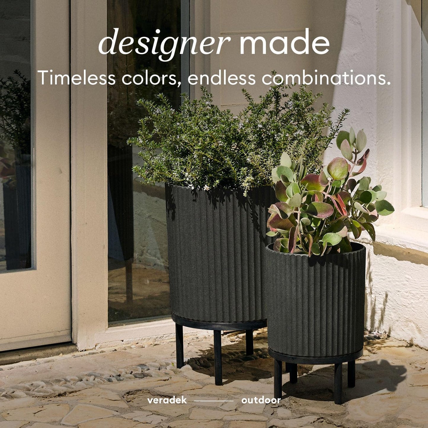 Veradek Demi Series Round Planter w/ Stand for Porch/Patio | Durable Plastic-Concrete & Wooden Stand | Modern Décor for Tall Plants, Flowers