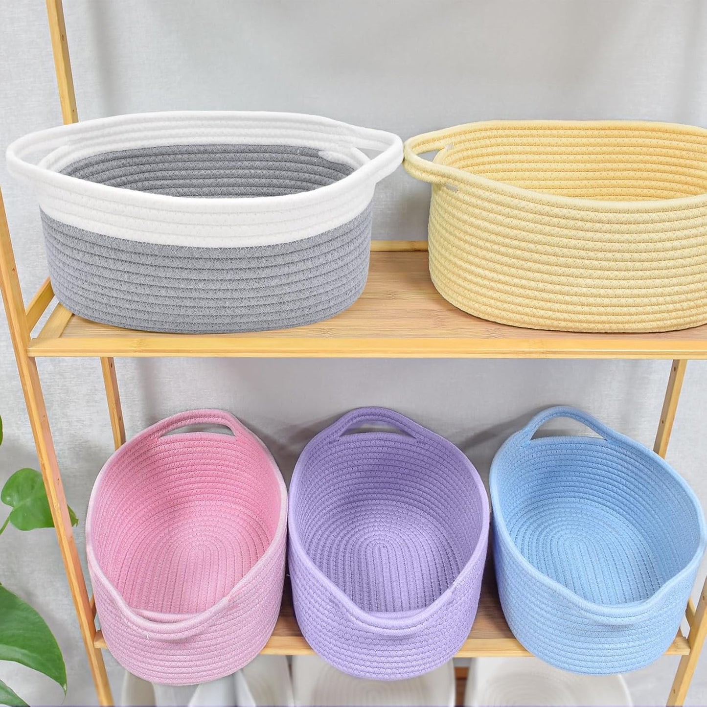 ABenkle Small Basket with Handles, Boho Decorative Rope Woven Dog Cat Toy Storage Bin Shelf Storage Organizer, Easter Christmas Gift Basket, 12"x8"x5", White