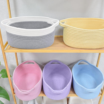ABenkle Small Basket with Handles, Boho Decorative Rope Woven Dog Cat Toy Storage Bin Shelf Storage Organizer, Easter Christmas Gift Basket, 12"x8"x5", White